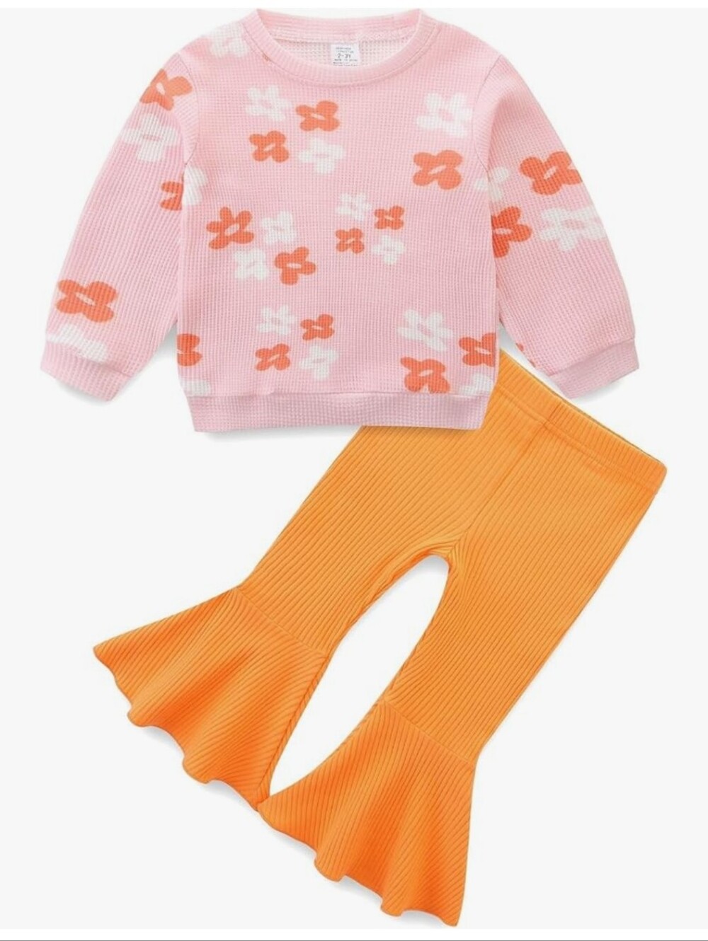 Pink Floral Waffle Knit Sweater & Orange Ribbed Flounce Leggings Set